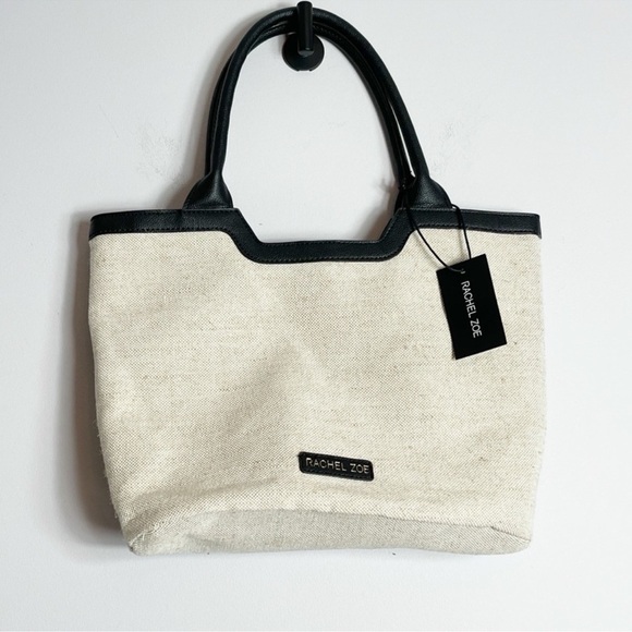 Rachel Zoe Capri Canvas Bag Natural Black Vegan Leather Trim NWT - Picture 2 of 14